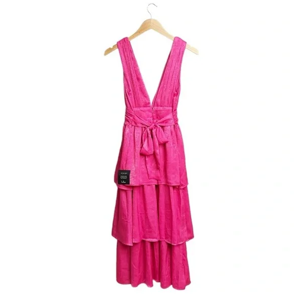 NWT Lulus Peak Party Vibe Satin Tiered Tie Midi Dress Hot Pink - Picture 5 of 8